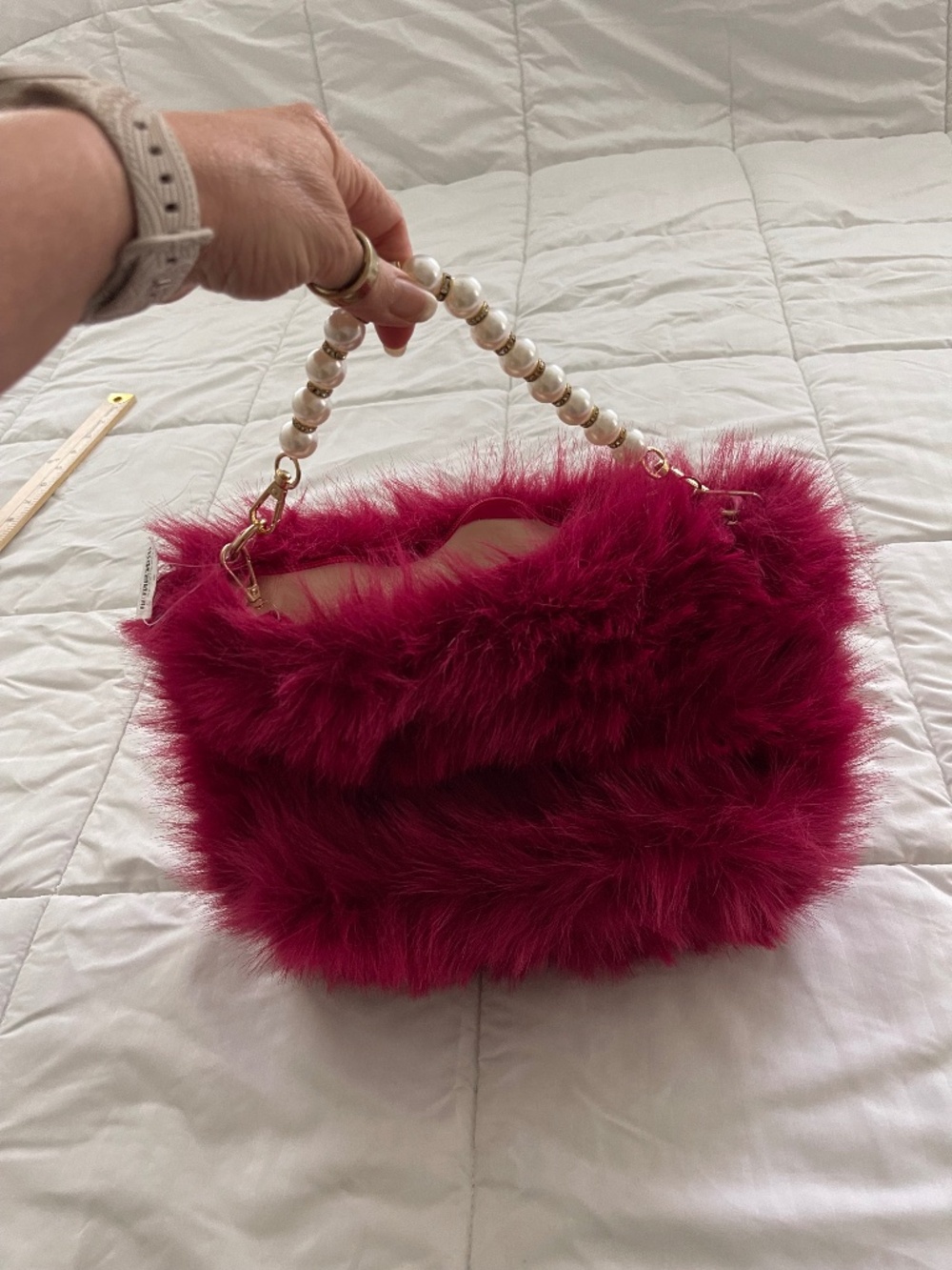 Fuchsia Pink Faux Fur Purse Pearl Handle Crossbody Bag NWT